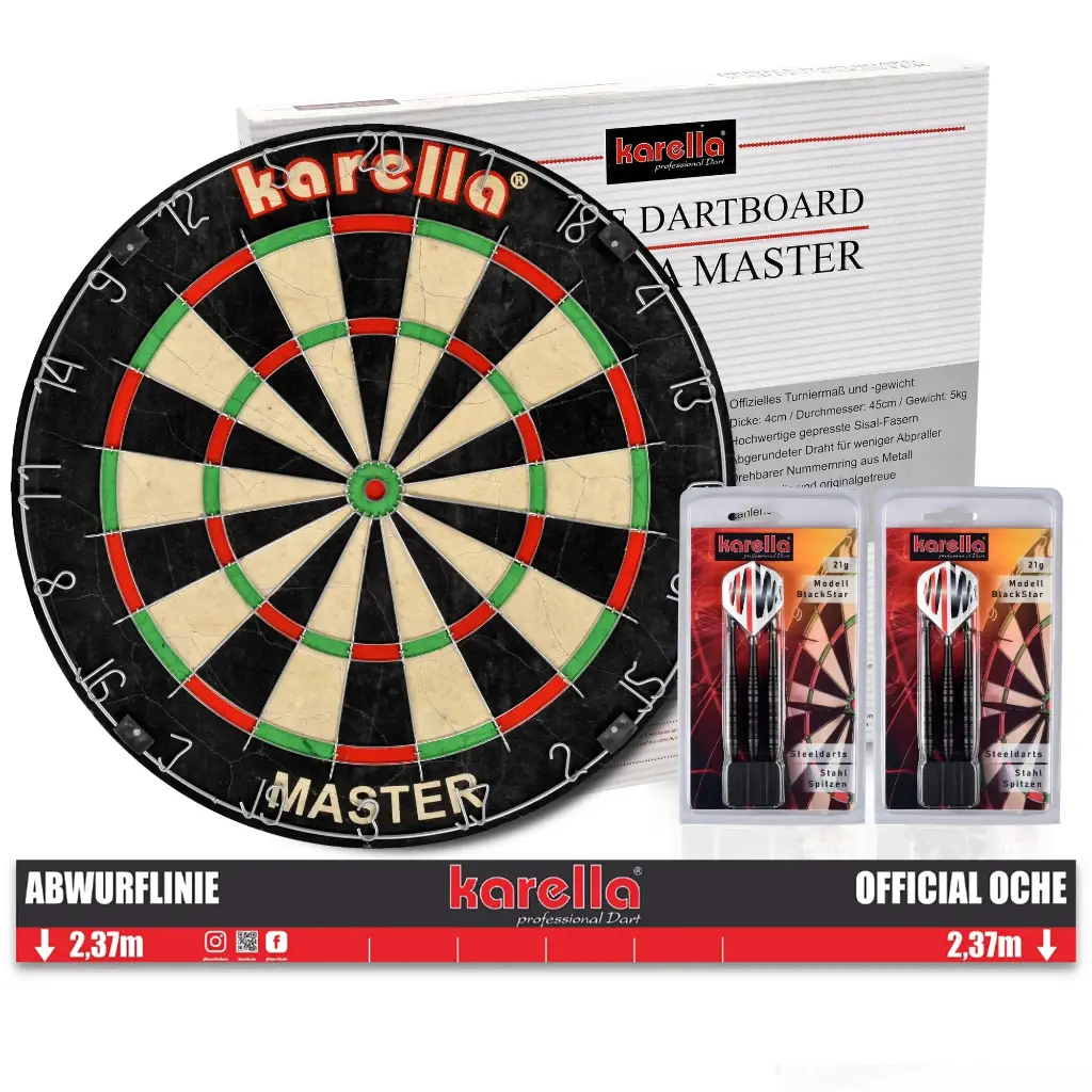 [808503] Dartboard Karella Master im Set inklusive 2 Satz Karella Steeldarts und Karella Abwurflinie
